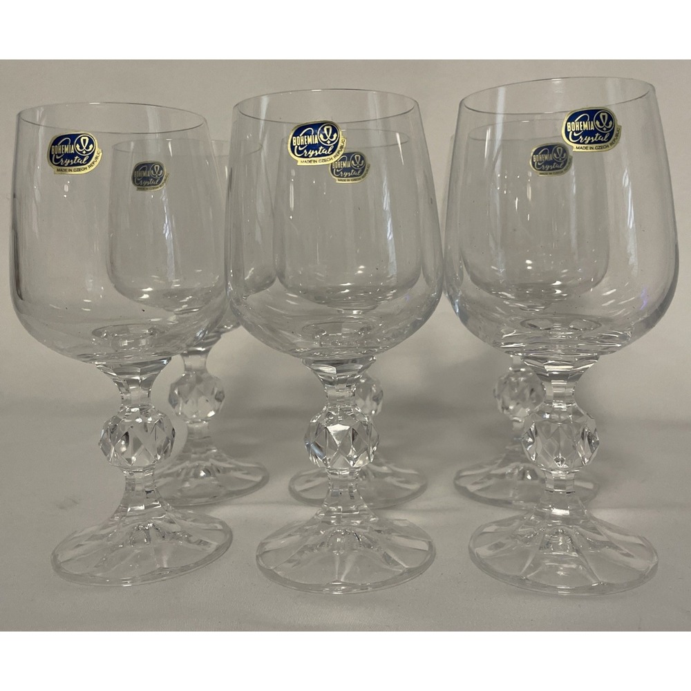 Set Of 6 NEW Bohemia Crystal Wine/Water Glasses Faceted Ball Stem 6" Tall